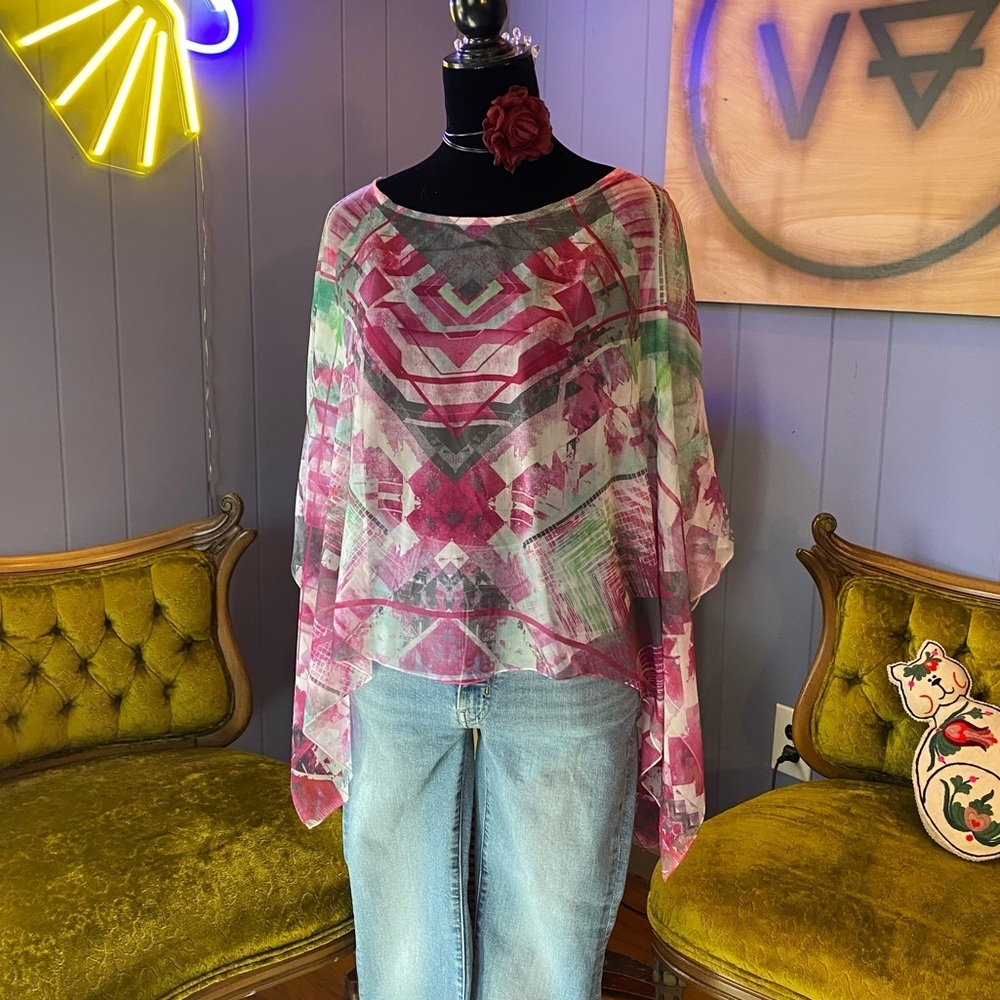 Vintage Y2K Sheer Abstract Print Poncho Top Size Large